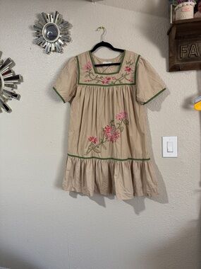 Bechamel Beige Dress with Pink Floral Embroidery and Green Trim good use .